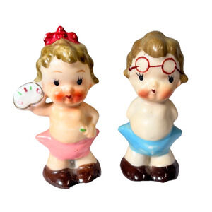 Vintage Boy & Girl Kewpie Dolls Figurines Japan Porcelain Hand Painted Pink/Blue